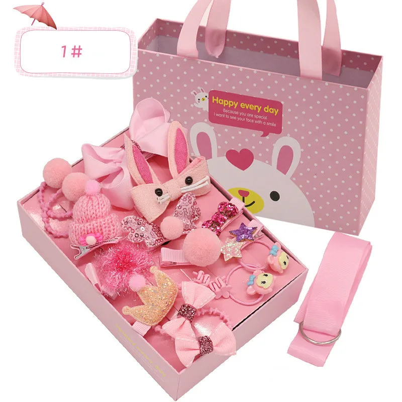 1 pink 18 шт./кор. дети милые женские аксессуары для волос комплект ткани для младенцев с цветочным узором и бантом, заколки для волос для девочек, повязка на голову, подарок на день рождения - Цвет: 1 pink
