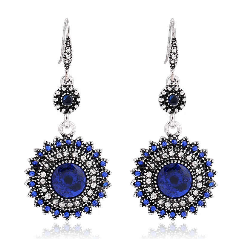 PBCODE Retro Bohemia Style Sun flower Pattern Earring Fashion Jewelry Vintage Wedding Drop for Women Blue Red Silver | Украшения и