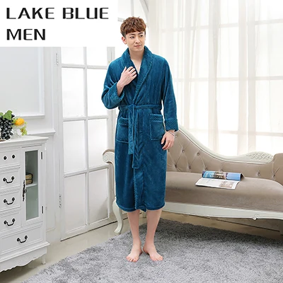 Men Lake Blue Распродажа, мужской удлиненный мягкий как шелк фланелевый Халат, мужской зимний теплый банный халат, мужской халат, халаты, мужские кимоно халаты - Цвет: Men Lake Blue