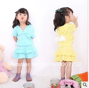 Free postage! 2013 girls cotton T-shirt short sleeve dress skirt suit children dot leisure 5 sets/batch | Мать и ребенок