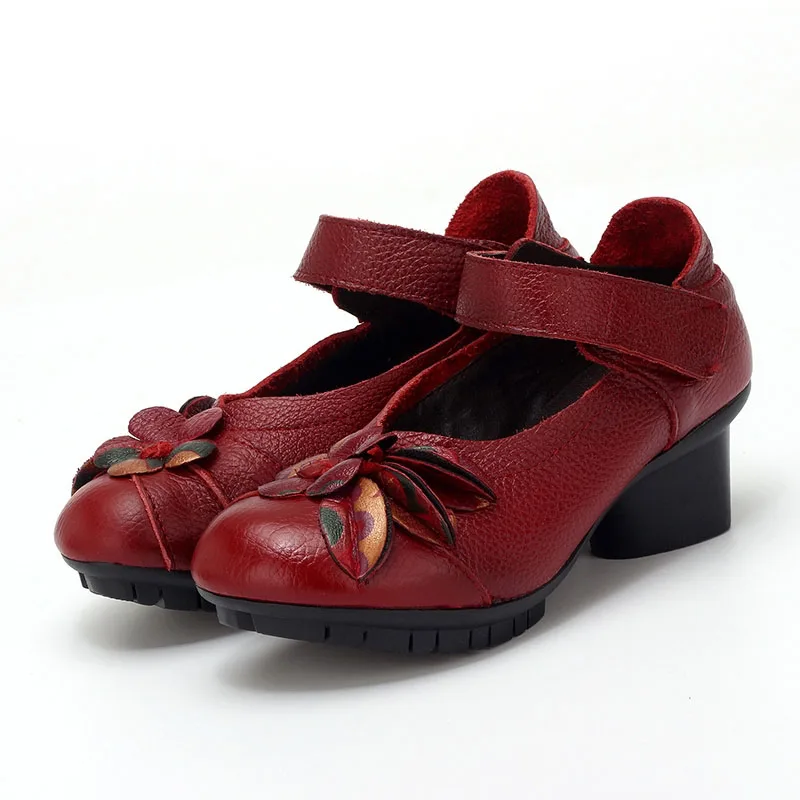 

TIMETANG 2018 Spring and summer Ethnic Style Genuine Leather Handmade Shoes Women Mid Heels Pumps Round Toe High Heels
