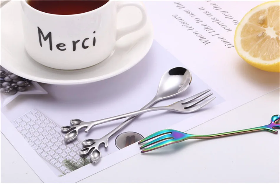 Creative Stainless Steel Fork Spoon Leaf Shape Handle Coffee Cake Dessert Ice Cream Forks Spoons Glossy Household Tableware 1pcs