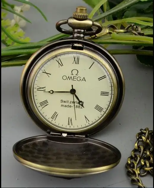 Старые карманные часы OMEGA, механические часы с двойным корпусом и длинной цепочкой