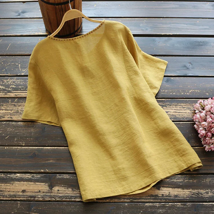 6418 Summer Women Literary Vintage Chinese Style T-shirts Buckle Loose Short Sleeve V-Neck Ramie T-shirt Tops | Женская одежда