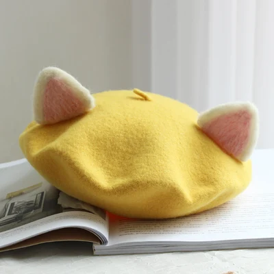 yellow Ручной шерстяного фетра с кошачьими ушками береты express; meow родитель-ребенок почки шляпа - Цвет: yellow