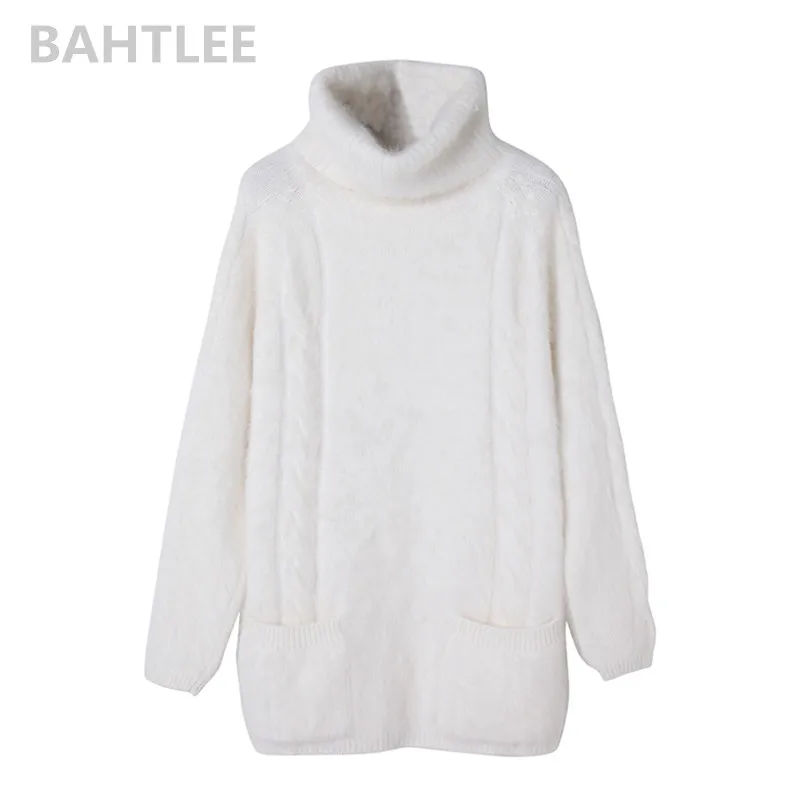 BAHTLEE Winter Women Angora Pullovers Jumper Sweater Turtleneck Mink Cashmere Knitting Pockets Long Sleeves Keep Warm Loosefir | Женская