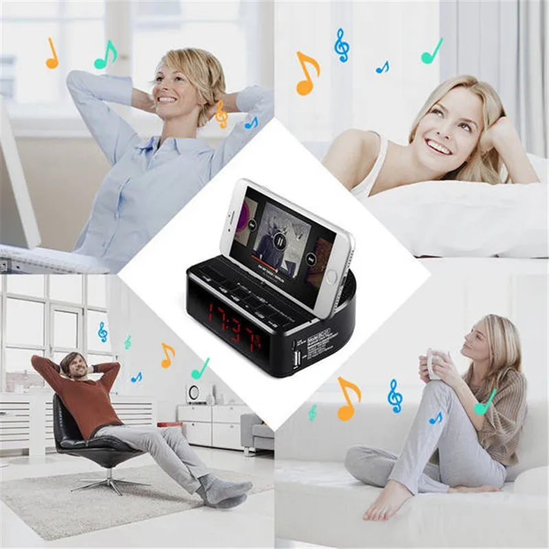 Цифровой Будильник радио с bluetooth динамиком дисплей красной цифрой 2 диммером fm USB