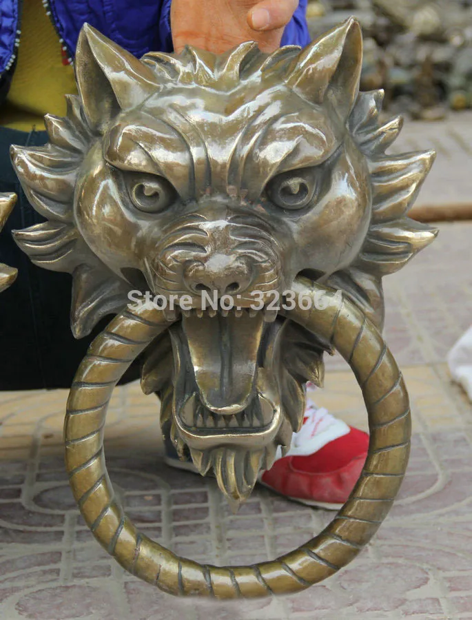 18 &quotКитайский медный волк голова зверя статуя дверной молоток пара C0320|door knocker