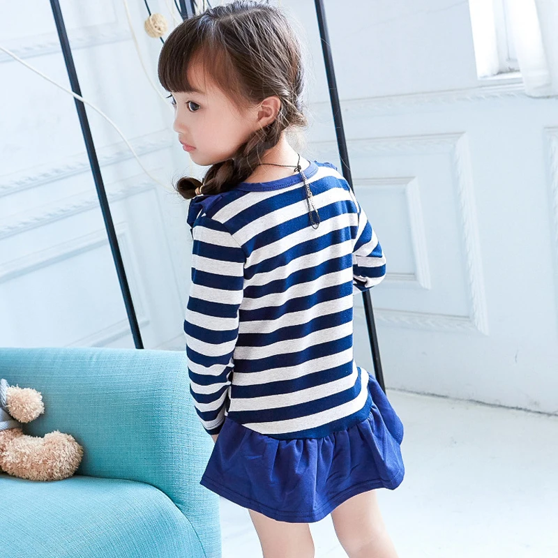 Hurave Spring and Autumn Children 's Wear Navy Style Cotton Long Sleeve Stripe Hem Patchwork Lotus Leaf Dress girl dress | Детская