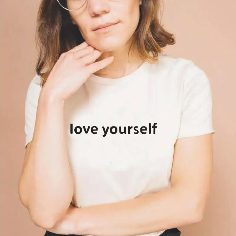 Женская одежда с надписью Love Yourself Tumblr футболка коротким рукавом хлопковая