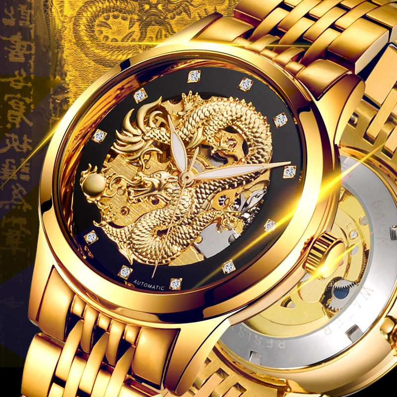 2020 New Mechanical Dragon Watches Men Skeleton Tourbillon Automatic Man Watch Gold Stainless Steel Waterproof Relogio Masculino