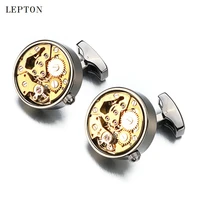 2017 new functional watch movement cufflinks stainless steel steampunk gear watch mechanism cuff links for mens with gift box