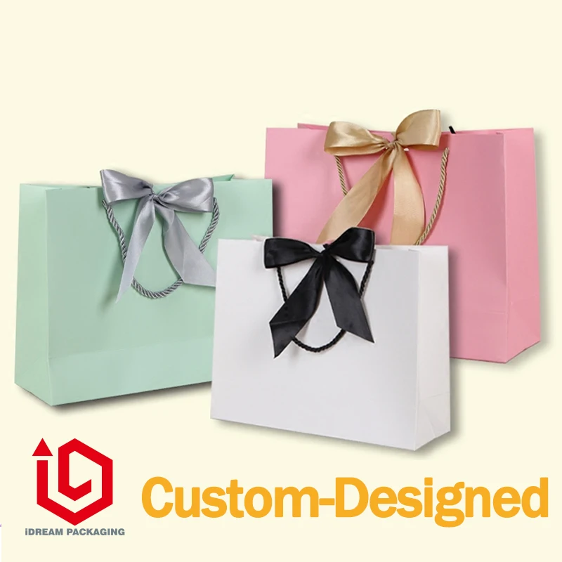 

Luxury ribbon paper gift bag customized-designed gold hot stamping logo