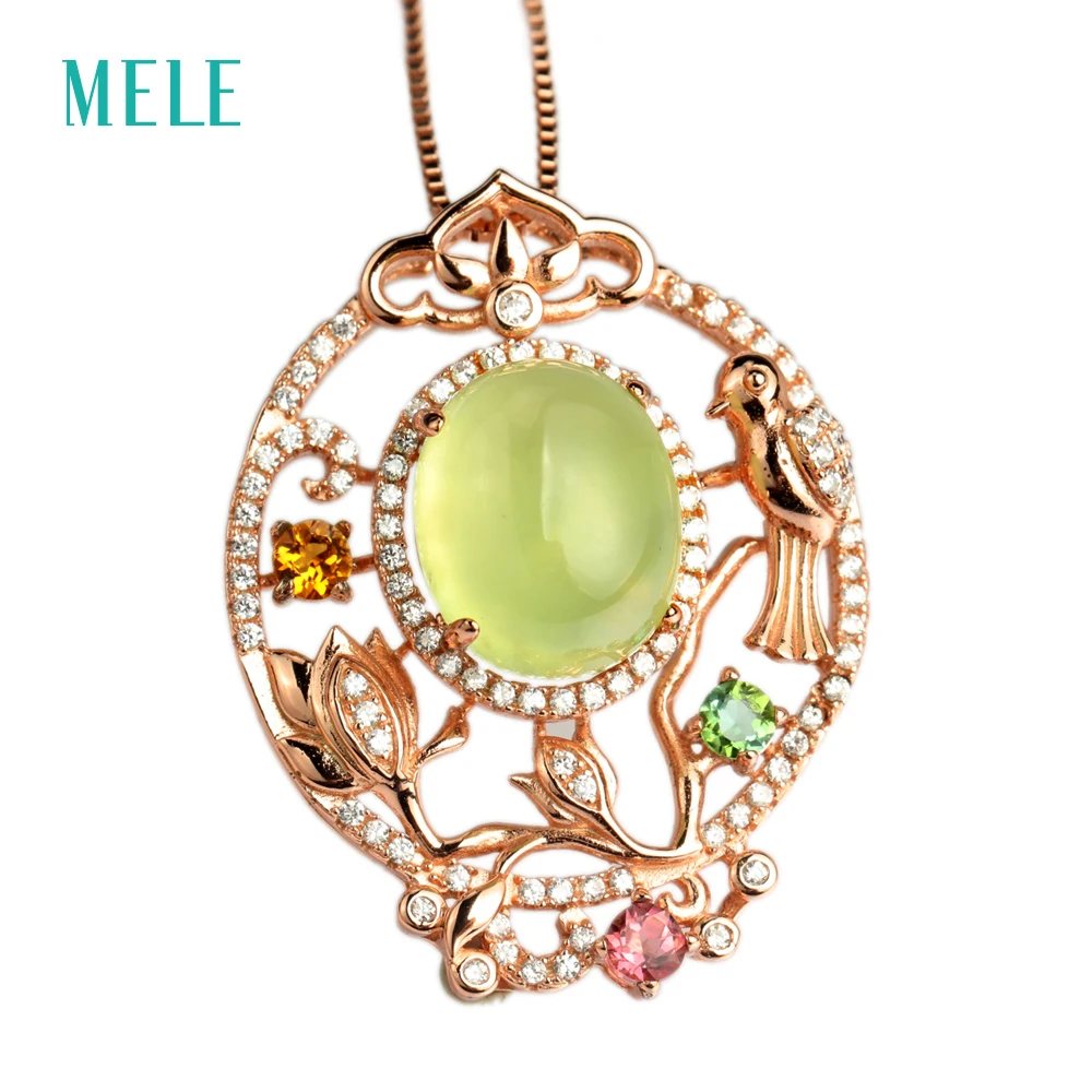 

MELE Natural green prehnite silver pendant, big oval in 10mm*12mm, 24mm*32mm for whole pendant size, light green color