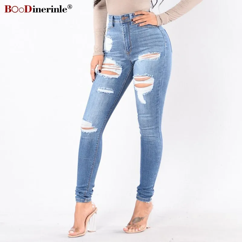 light blue BOoDinerinle джинсы с высокой талией, женские обтягивающие джинсы, весна, синие повседневные облегающие джинсовые штаны для женщин, плюс размер, летние джинсы с дырками - Цвет: light blue