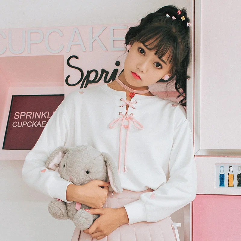 Женская туника, толстовка, Япония, Harajuku, Ulzzang, любовь, вышивка, галстук, женский, корейский, Kawaii, свитшот, толстовки для женщин