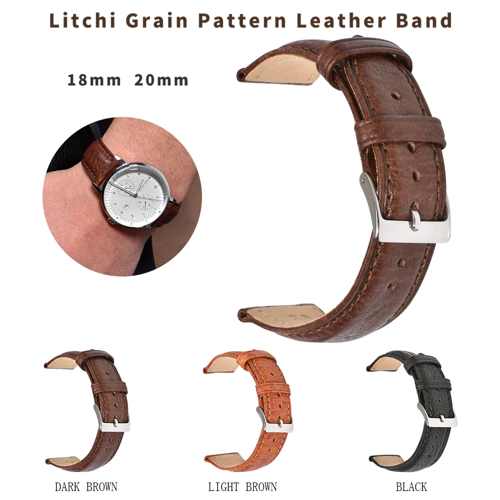 BEAFIRY 18mm 20mm Watch Band Litchi Pattern Genuine Leather Watch Straps Watchbands Accessories Black Dark Brown Light Brown