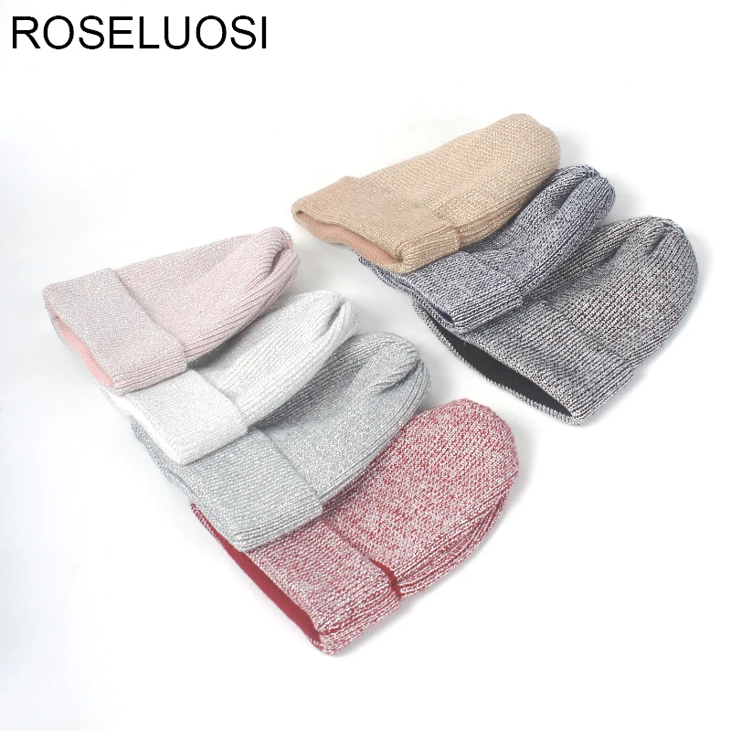 ROSELUOSI осенне-зимняя женская шапка модные смешанные Серебристые шелковые вязаные