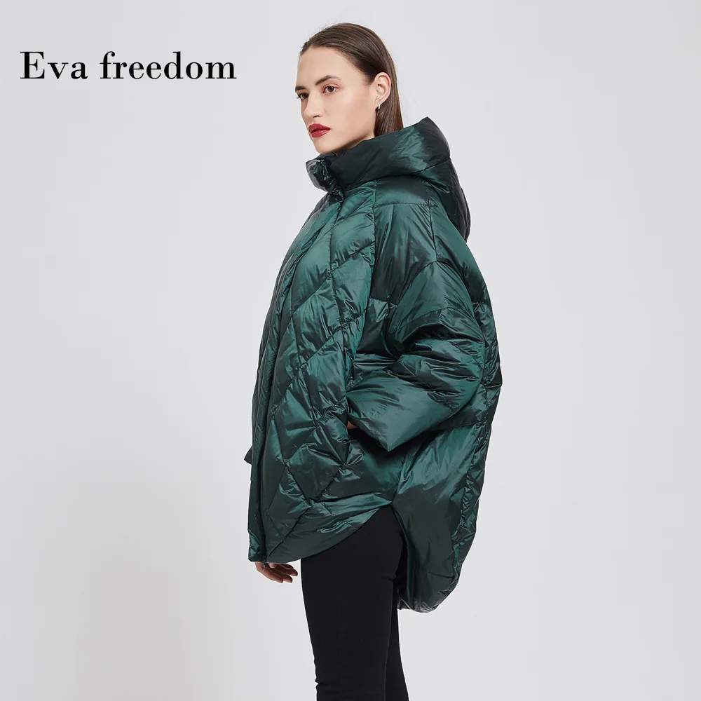 Blackish green Новинка, зимняя и весенняя куртка на гусином пуху, плащ с капюшоном, рукав "летучая мышь", кокон, Модный женский пуховик, большой размер - Цвет: Blackish green
