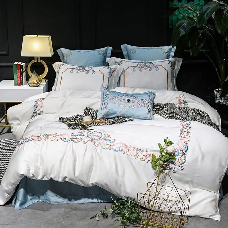 

Luxury white blue 100S Egyptian cotton Embroidery Bedding sets Queen King Royal Duvet cover Bed sheet set Pillowcases 4/6pcs