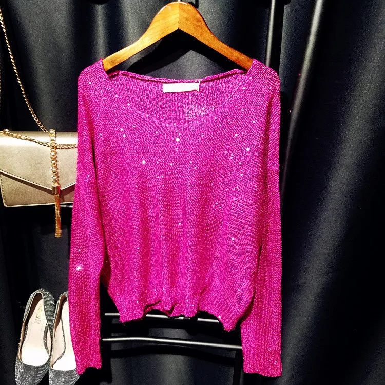 Cakucool Sequined Knit Tops Women Long Sleeve Jumpers Beading Big O-neck Casual Loose Embellish Girls Sweaters Green 14colors | Женская