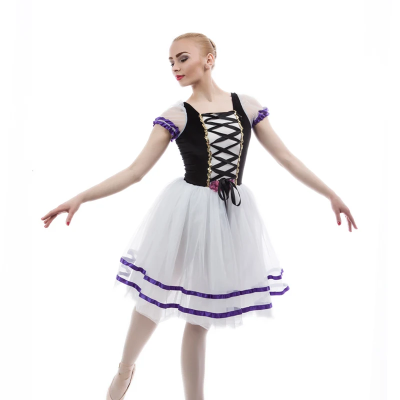 

Black Velvet Bodice White Lycra Skirt Purple Ribbon Peasant Ballet Tutu,Women/Girls Ballerina Stage Performance Dance Costume