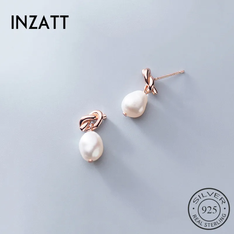 INZATT, настоящее 925 пробы, серебристый неправильной формы, жемчужные веревки, Узелок, серьги-гвоздики для элегантных женщин, вечерние, милые ювелирные изделия, аксессуары