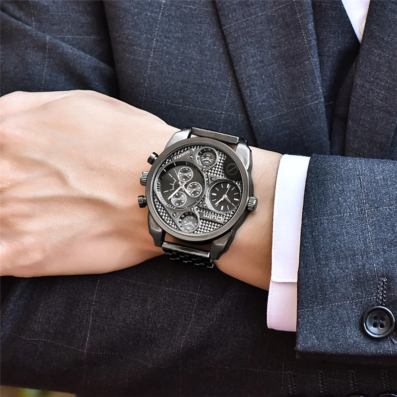 Большие мужские часы с двумя часовыми поясами Oulm роскошные брендовые кварцевые