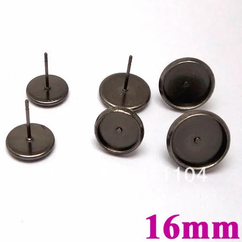

16mm Gunmetal Black tone Blank Earrings Base Circle pads Bezel Tray Stud Pins Earrings post Settings ewellry Findings Wholesale
