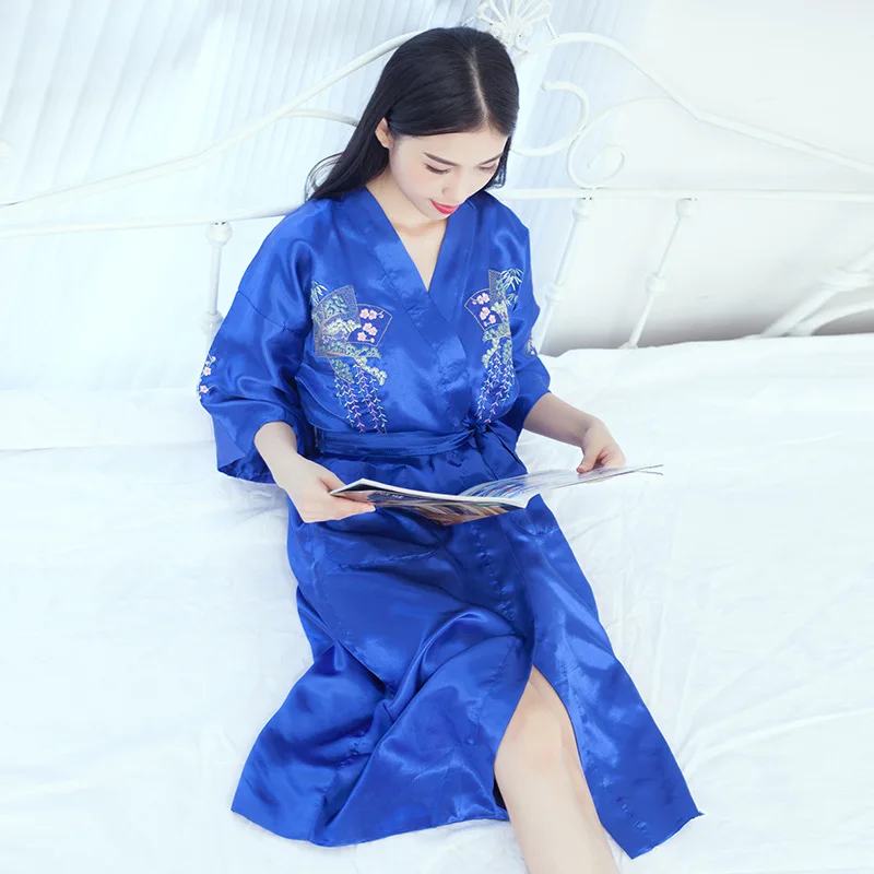 blue Новинка, черный женский Атласный халат в японском стиле, халат с вышивкой и пейзажем, ночная рубашка, винтажное кимоно, спа Халат, халат, один размер, 1207 - Цвет: blue