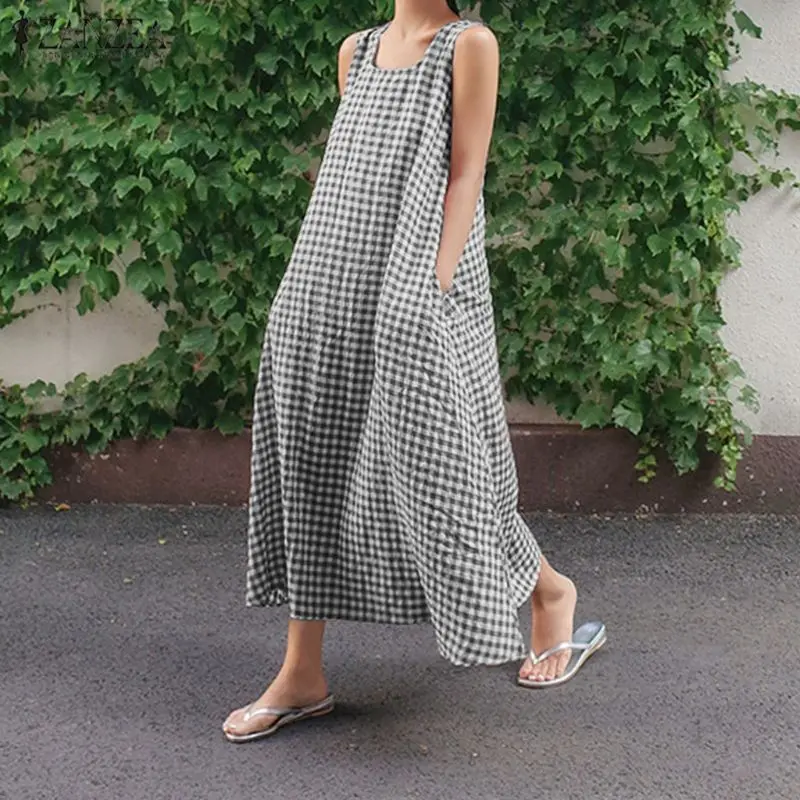Женское летнее классическое клетчатое платье без рукавов большие