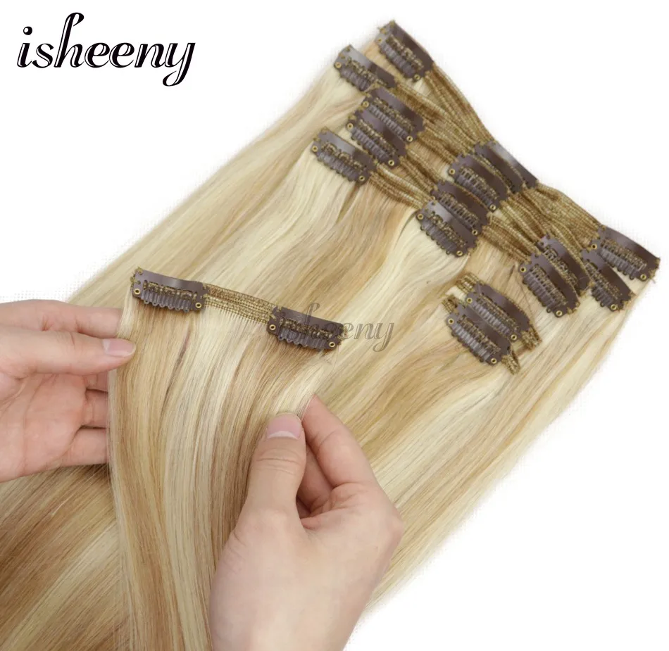 ISHEENY реальные Remy(Реми), Пряди человеческих волос для наращивания пианино Цвет 27/613#8 шт./компл. накладные волосы на заколке