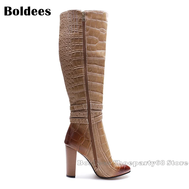Laddiator Zapatos Mujer 10cm Heeled Alligator Pattern Round Toe Belt Buckle Winter Knee High Boots For Women