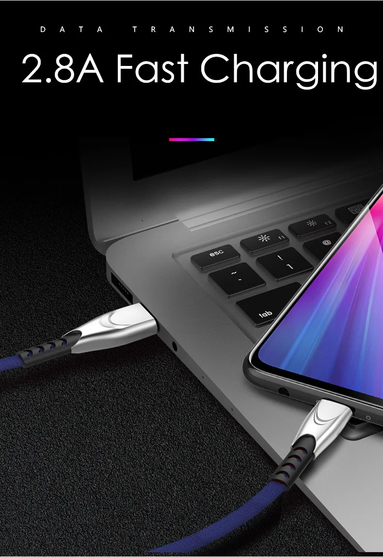 Цинковый USB кабель 5V 2.8A Быстрая зарядка Плоский нейлоновый Тип C Micro USB кабель зарядное устройство провод шнур для iPhone iPAD huawei samsung Xiaomi