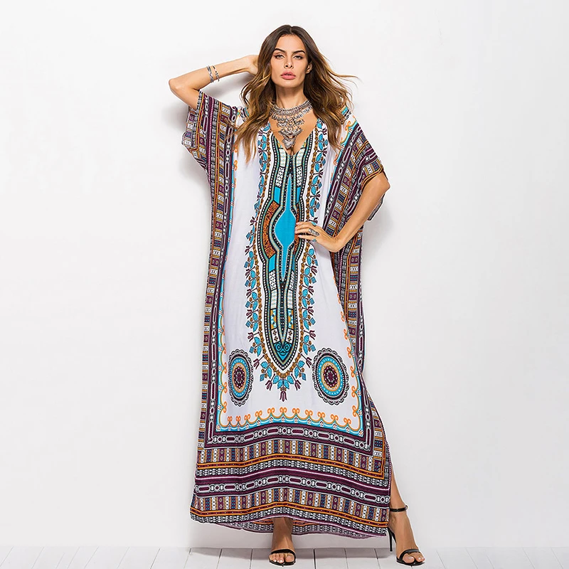 Женское длинное платье миди в богемном стиле с рукавом летучая мышь и V образным