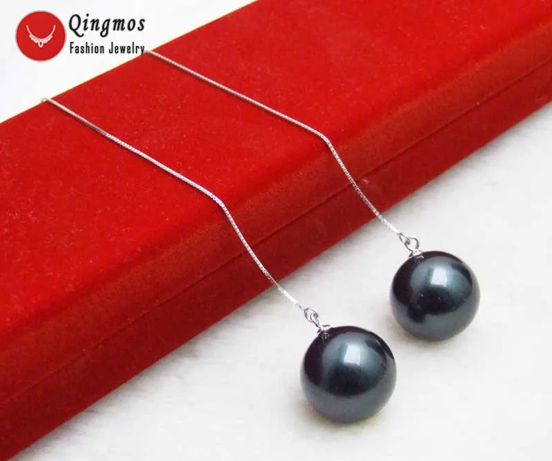 Qingmos, Настоящее серебро, S925, серьги 4 дюйма, для женщин и 12*16 мм, черная капля, морская раковина, жемчуг, Earring-ear663