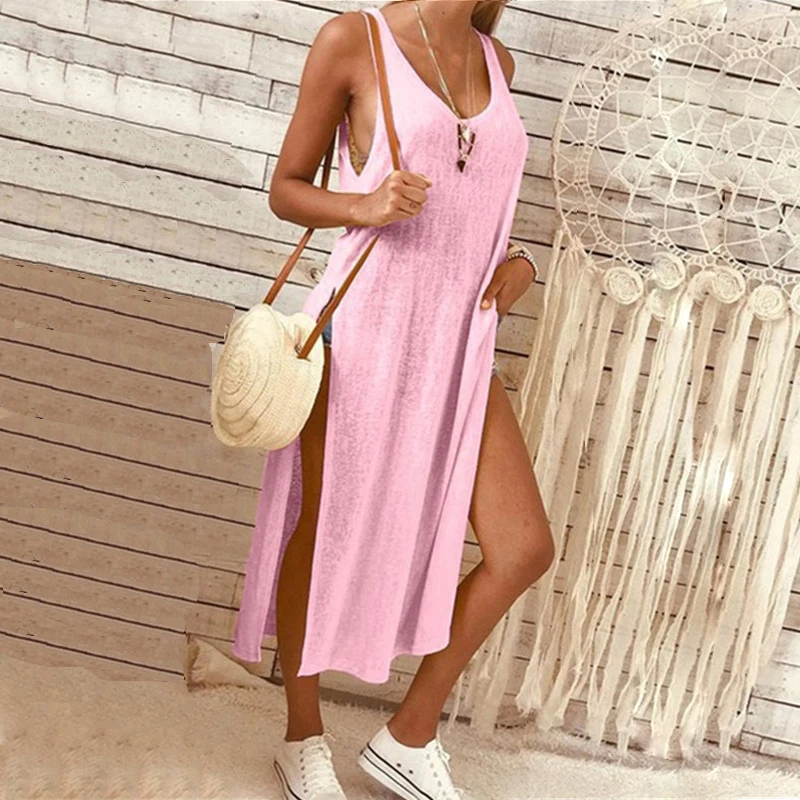 Женское длинное платье ELSVIOS однотонное пляжное с круглым вырезом без рукавов для
