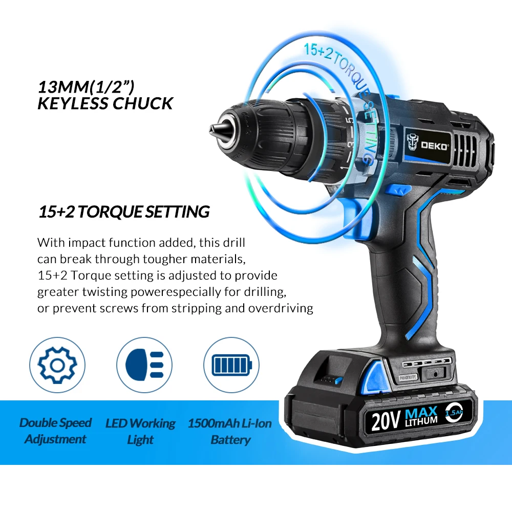 DEKO GCD20DU3 20V Max бытовой DIY деревообрабатывающий литий-ионный Батарея 1/2-дюймов 2-Скорость Аккумуляторная дрель электрическая дрель Мощность дрель