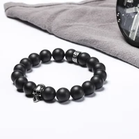 Wholesales Men Natural black onyx Bead skull Bracelet stainless steel Charm Bracelets Men Jewelry gift 50pcs/lot+free shipping
