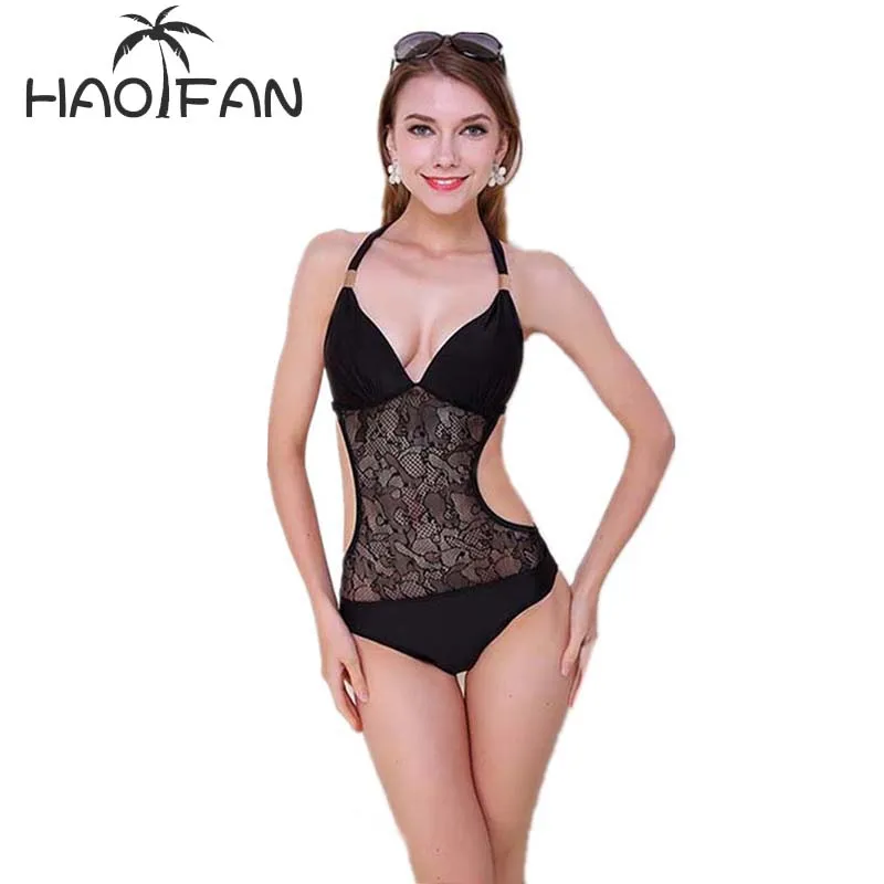 HAOFAN 2018 Black Lace One Pieces Swimsuit Sexy High Waist Bikinis Women Push Up Swimwear Bathing Suit Beach Hang Bikini | Спорт и