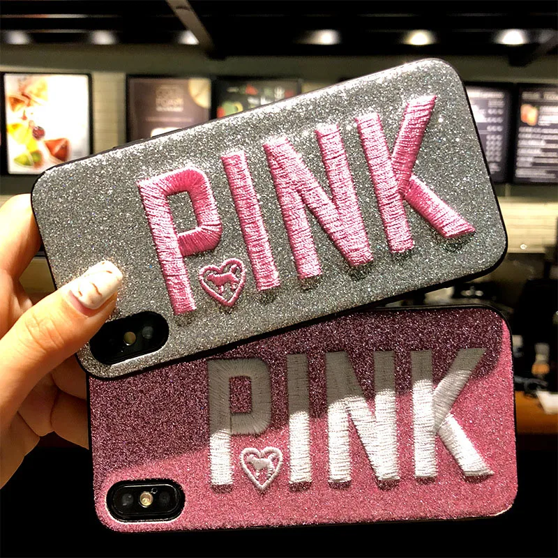 Fashion Pink Style Embroidery Mobile Phone Cases For iPhone X Glitter Back Cover 7 8 Plus Anti-knock Telefone Caixa |