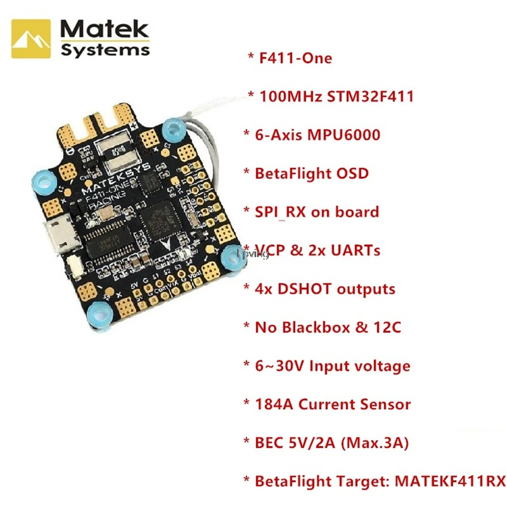 

Matek System F411-One F411 F4 Flight Controller 30.5*30.5mm BetaFlight OSD 5V BEC Current Sensor For RC Models Multicopter