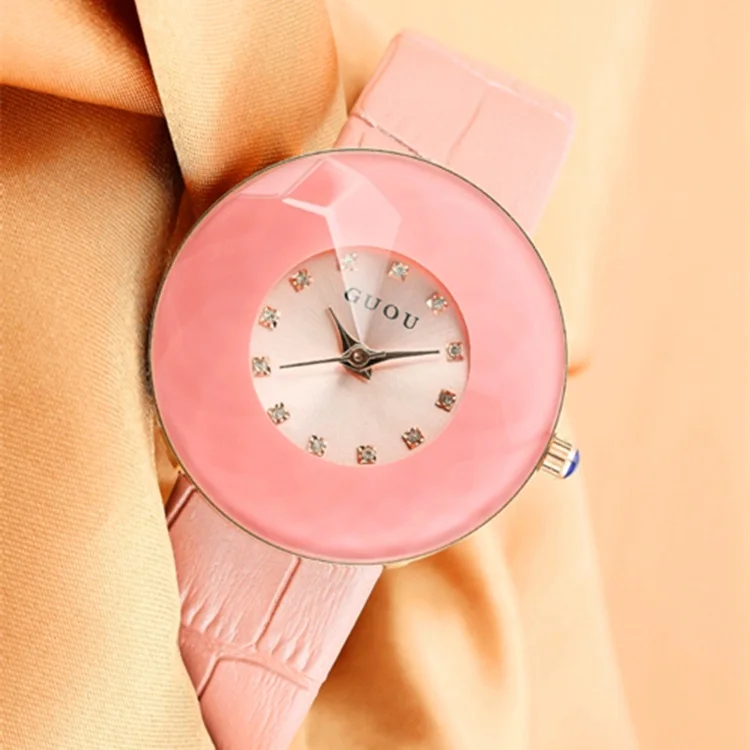 

Fashion HK Brand Korean Female Luxury Gift Genuine leather Strap Clock Big Dial Dress Watches High Grade Diamond Lady Girl Watch