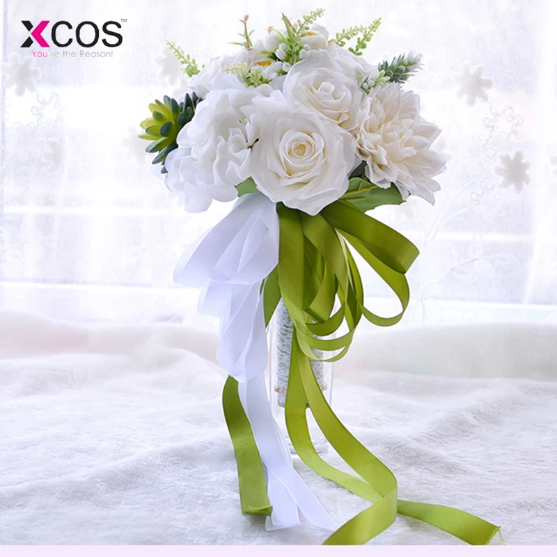 2018 Romantic White Wedding Flowers Bridal Bouquet Rose Succulents Lace Handle Artificial Bride Bouquets | Свадьбы и торжества