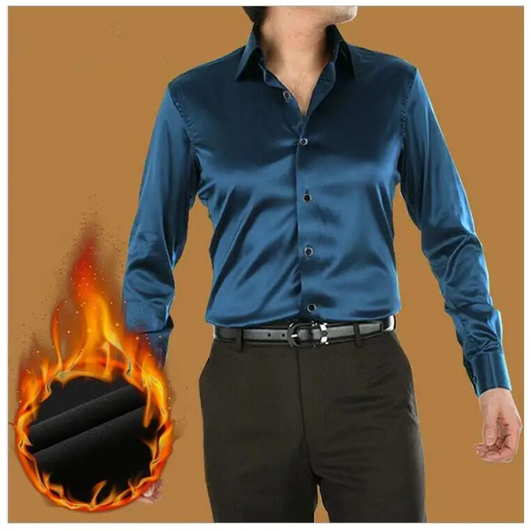 Мужская шелковая рубашка с длинным рукавом темно синяя утепленная под смокинг в