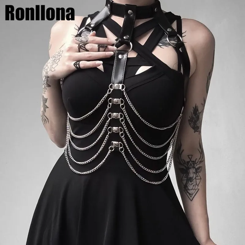 

Leather Harness Chain Belt For Women Sexy Lingerie 2 Pcs Set Garter Belt Punk Goth Bondage Waist To Leg Harness Bra Cage Fetish