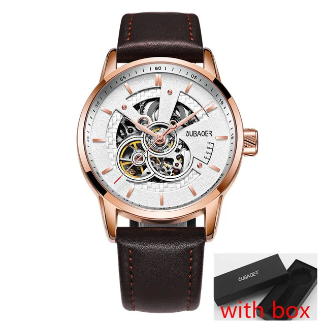 Brown White with Box OUBAOER мужские s часы лучший бренд класса люкс автоматические механические часы Мужские Кожаные Бизнес водонепроницаемые спортивные часы Relogio Masculino - Цвет: Brown White with Box