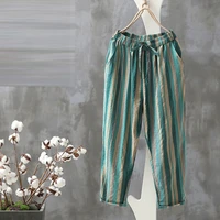 summer fashion women pants plus size loose casual elastic waist striped harem pants vintage cotton linen ankle length pants d125