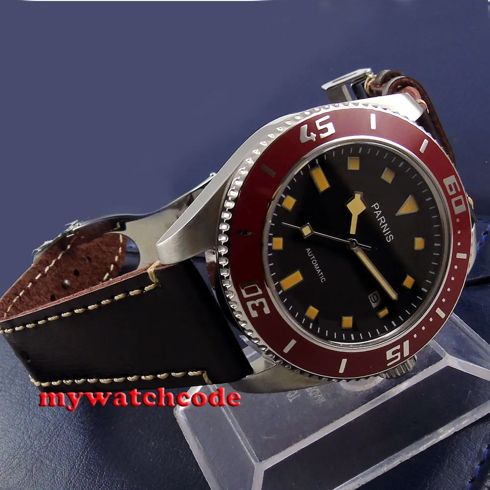 

43mm Parnis black dial 10TAM water resistance automatic mens diving watch 591B