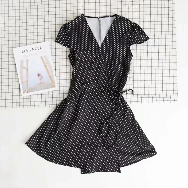 black polka dot Sukibandra летнее винтажное белое цветочное женское платье с запахом пляжные богемные женские платья Повседневное корейское Цветочное платье с v-образным вырезом - Цвет: black polka dot